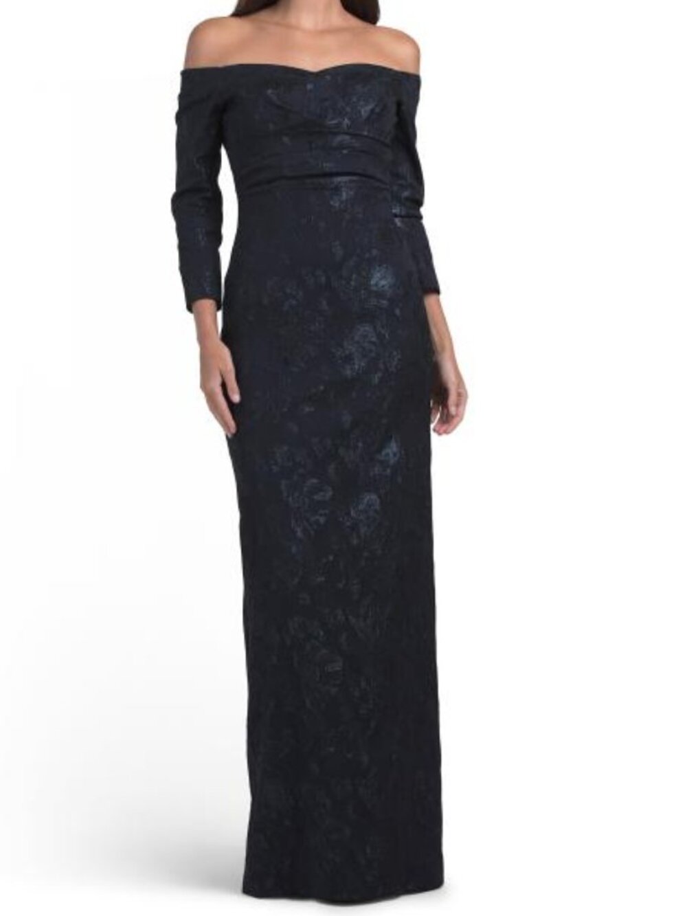TERI JON Jacquard Portrait Ruched Neck Three-quarter Sleeve Gown
